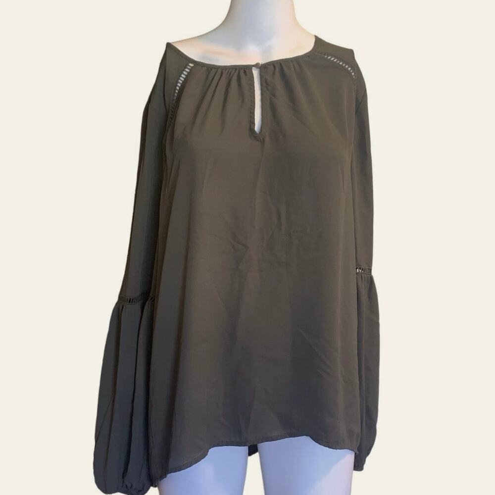 Mossimo Women's Size Large Flare Sleeve Peasant Blouse Olive Green Casual Shirt